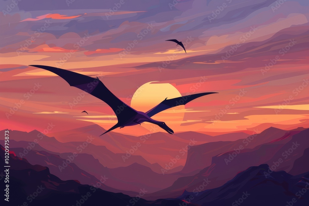Fototapeta premium Soaring pterosaur at sunset in vibrant mountain landscape