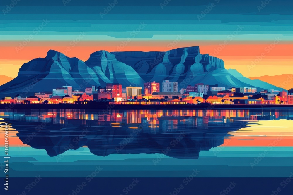 Obraz premium Flat Illustration of Cape Town with Coastal Cliffs and Multicultural Vibe