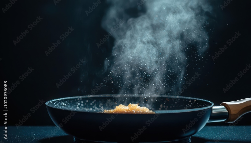 Sizzling food in a frying pan with steam rising against a dark background. Sizzling food in a frying pan with steam rising against a dark background.