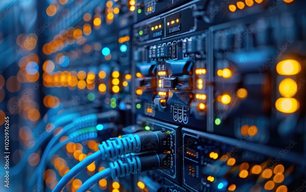 Close-up of illuminated server rack in a data center with network cables and glowing LED lights, highlighting digital connectivity. Close-up of illuminated server rack in a data center with network cables and glowing LED lights, highlighting digital connectivity.
