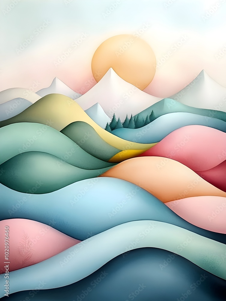 Tranquil watercolor landscape with harmonious pastel shapes and organic contours featuring undulating forms in gentle gradients of blues pinks and greens Tranquil watercolor landscape with harmonious pastel shapes and organic contours featuring undulating forms in gentle gradients of blues pinks and greens