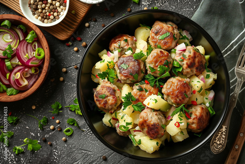 meatballs and potato on table, top view photo