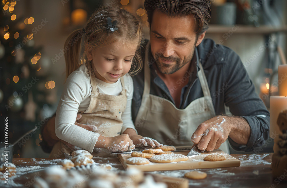 Father and daughter baking cookies together, covered in flour, enjoying a festive, bonding moment in a cozy kitchen. Father and daughter baking cookies together, covered in flour, enjoying a festive, bonding moment in a cozy kitchen.