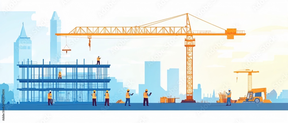 Modern Construction Team Planning Project with Crane in Background Modern Construction Team Planning Project with Crane in Background