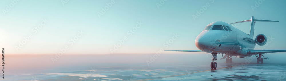 Obraz premium Luxury Private Jet Parked on the Runway at Sunrise with a Stunning Sky, Capturing Elegance and Sophistication in Modern Aviation Against a Serene Morning Landscape