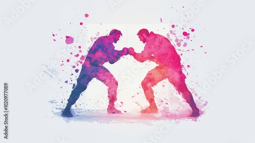 Intense Pad Training Session: Fighter and Coach in Watercolor Style