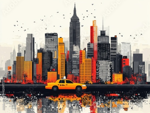 Flat Illustration of New York City with Skyscrapers and Bustling Streets

