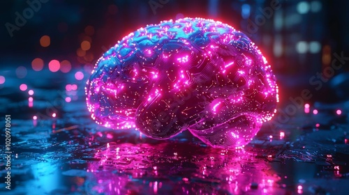 A vibrant, glowing brain illustration featuring neon pink and blue lights, symbolizing creativity and intelligence in a digital world.