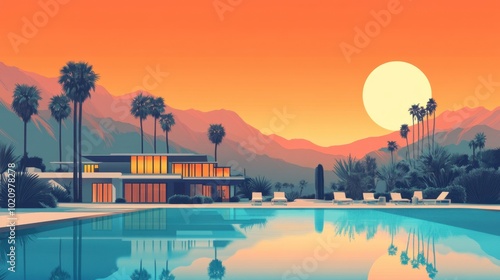 Flat Illustration of Palm Springs with Retro Architecture and Desert Landscape


