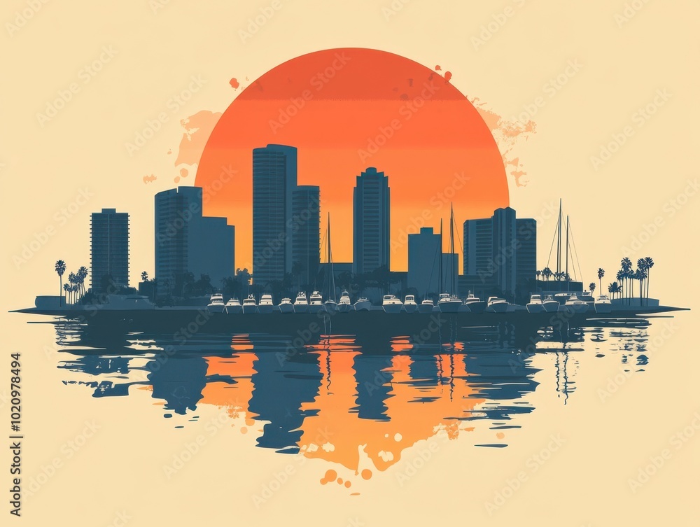 Flat Illustration of Long Beach with Waterfront Skyline and Marina