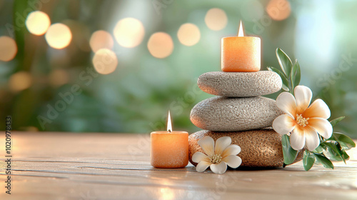 A serene spa setup featuring glowing candles on stacked stones with delicate flowers, creating a peaceful and calming ambiance. Perfect for relaxation, balance, and mindfulness practice.