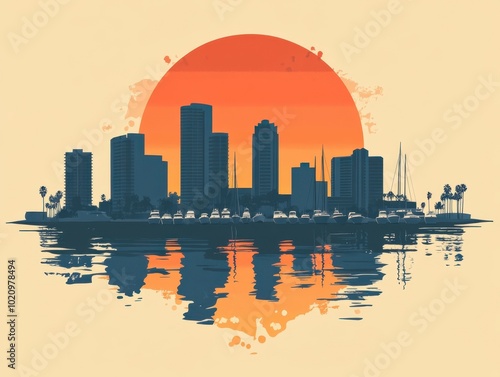 Obraz na płótnie Flat Illustration of Long Beach with Waterfront Skyline and Marina
w salonie