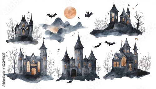 Watercolor Illustration of Five Haunted Castles with Bats and a Full Moon