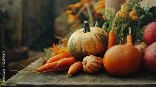 A colorful arrangement of fall vegetables like carrots and gourds on a wooden surface photo