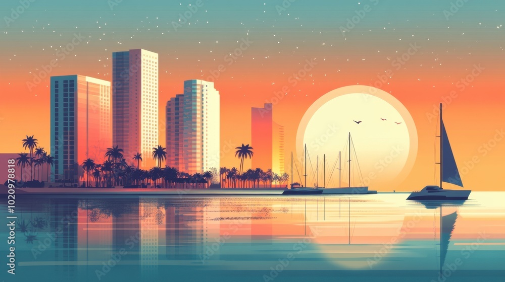 Flat Illustration of Long Beach with Waterfront Skyline and Marina