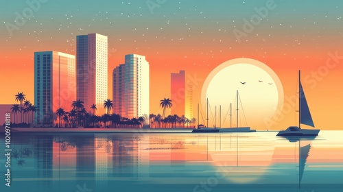 Obraz na płótnie Flat Illustration of Long Beach with Waterfront Skyline and Marina
w salonie