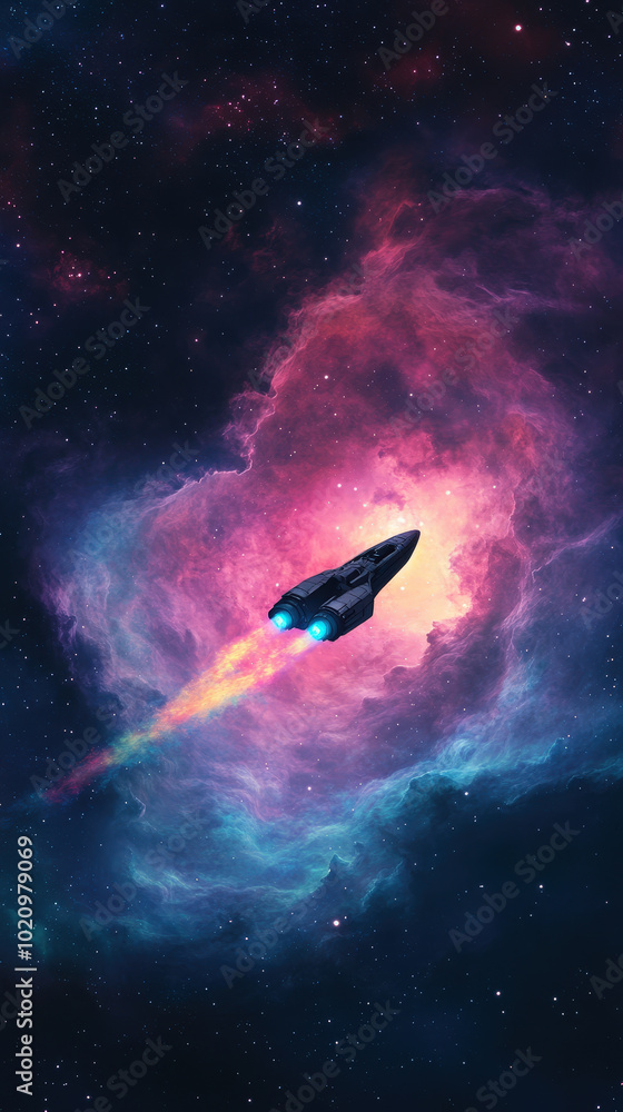Fototapeta premium Retro Futuristic Sleek Spaceship in Cosmic Nebula