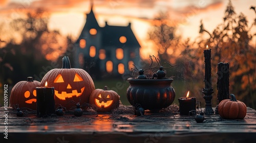 A rustic wooden table decorated for Halloween showcases illuminated jack-o'-lanterns, candles, and festive decor against a spooky outdoor backdrop. photo