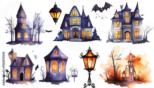 Watercolor Illustration of Haunted Houses and Lanterns for Halloween photo