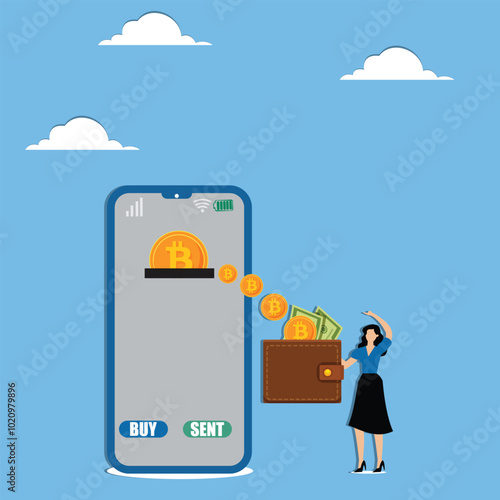 Businesswoman pointing at bitcoin on mobile phone