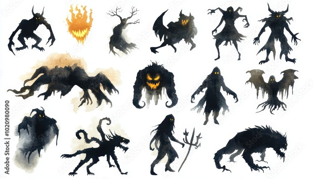Fototapeta premium Watercolor Silhouettes of Various Monstrous Creatures with Glowing Eyes
