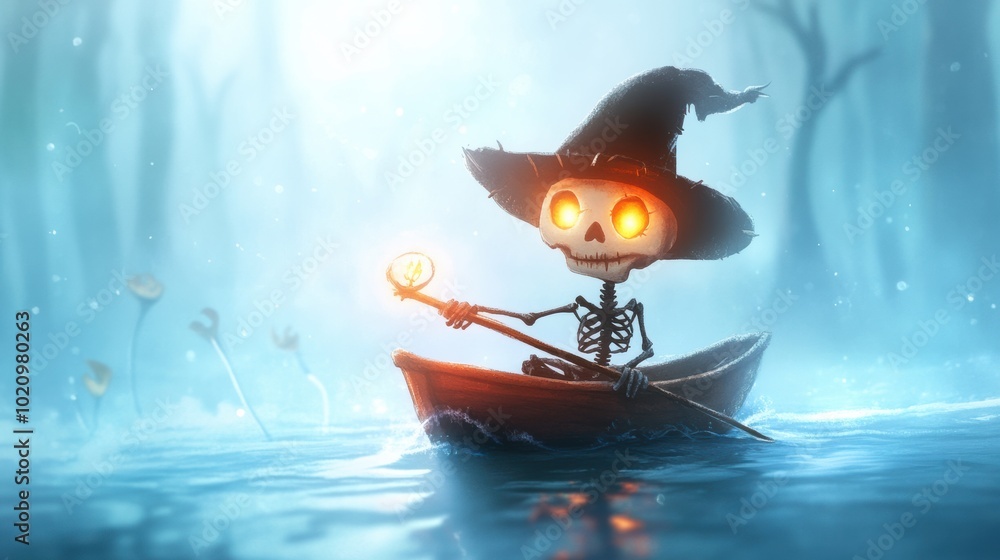 Fototapeta premium Skeleton Witch Navigating Haunted Boat on Mystical Moonlit Sea