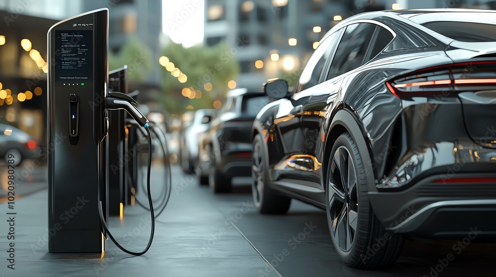 Electric vehicle fleet charging in a solarpowered station, sustainable transportation, 3D illustration Electric vehicle fleet charging in a solarpowered station, sustainable transportation, 3D illustration