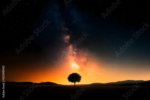 Captivating night sky filled with shimmering stars a mesmerizing Milky Way galaxy and ethereal nebulae creating a breathtaking celestial spectacle in a tranquil wilderness retreat photo