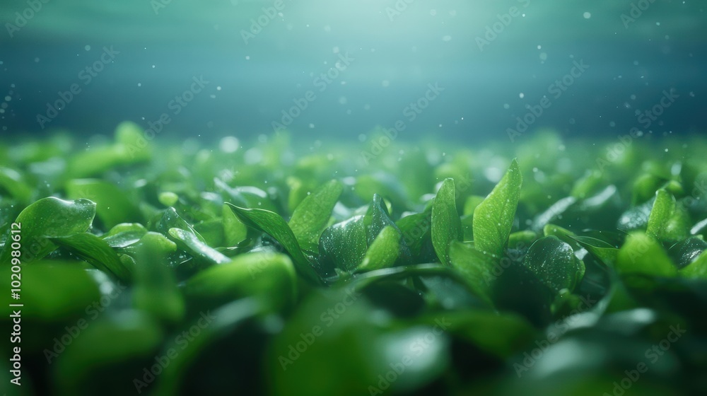 Fototapeta premium Vibrant underwater foliage illuminated by sunlight, creating a serene and tranquil aquatic environment.