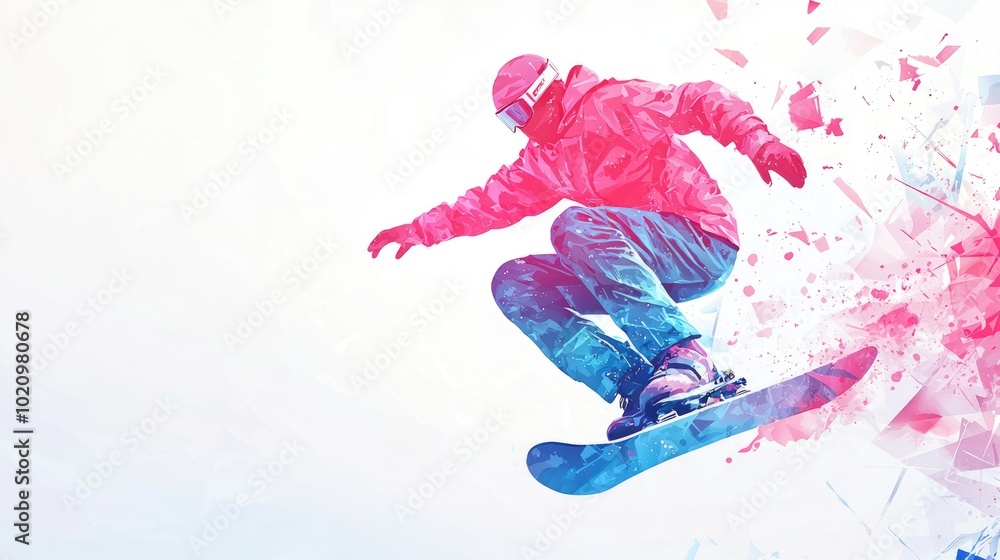 Naklejka premium Dynamic Snowboarder in Mid-Air Trick Amid Watercolor Snowy Mountain Scene.