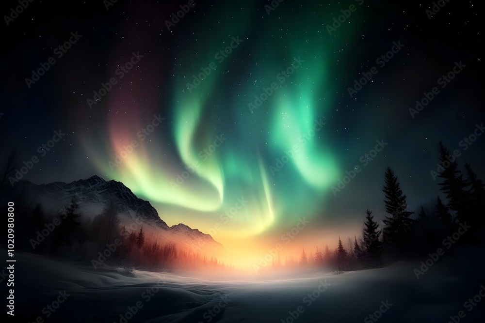 Captivating Celestial Light Show Mesmerizing Aurora Borealis Illuminating the Night Sky with Shimmering Curtains of Green and Purple Light Ethereal Atmospheric Landscape in Remote Snowy Wilderness Captivating Celestial Light Show Mesmerizing Aurora Borealis Illuminating the Night Sky with Shimmering Curtains of Green and Purple Light Ethereal Atmospheric Landscape in Remote Snowy Wilderness