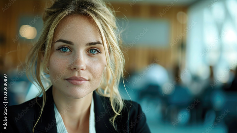 Obraz premium A young businesswoman with piercing blue eyes exudes confidence and determination in her professional attire. blurred background