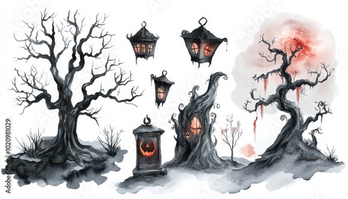 Watercolor Illustration of Spooky Halloween Trees, Houses, and Lanterns