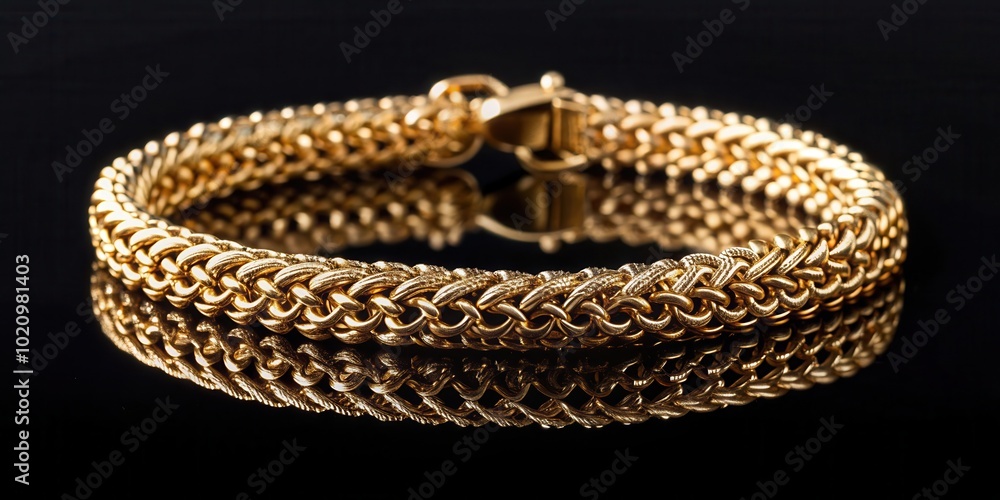 A luxurious gold chain bracelet with intricate design, showcasing its opulence on a sleek black backdrop. A luxurious gold chain bracelet with intricate design, showcasing its opulence on a sleek black backdrop.