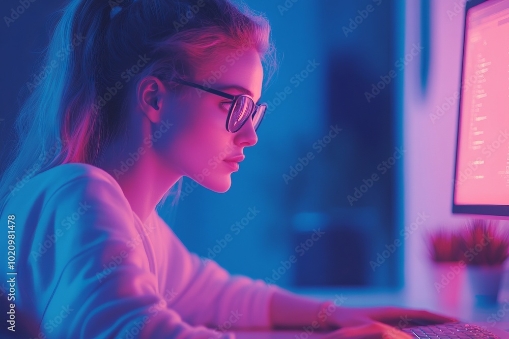 Focused Woman Coding in Neon Light - Tech & Innovation Focused Woman Coding in Neon Light - Tech & Innovation