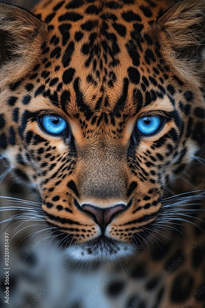 Naklejka premium A close-up of the face and eyes of leopard, capturing its intense gaze and detailed fur texture. 