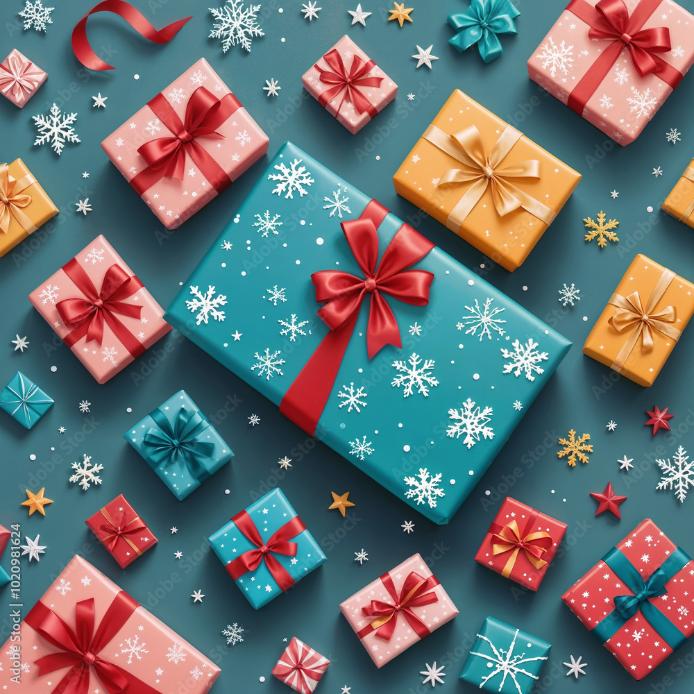 An overhead view of colorful Christmas gifts with bows and decorations on a festive background An overhead view of colorful Christmas gifts with bows and decorations on a festive background