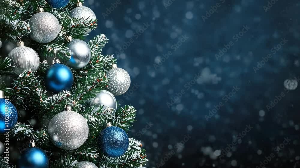 Festive christmas tree with glittering silver and blue baubles in snowy night scene celebrating happy new year Festive christmas tree with glittering silver and blue baubles in snowy night scene celebrating happy new year