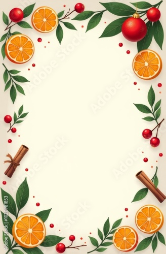 Vertical Christmas illustration with pine branches, oranges, cinnamon sticks, and red baubles arranged in a festive frame on a light background with copy space Concept: Christmas decoration illustrati