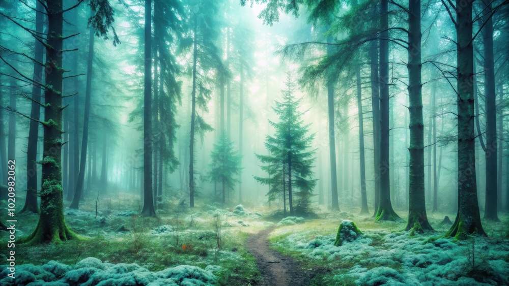 Obraz premium A Path Through a Misty Forest with Tall Pine Trees and Moss Covered Ground