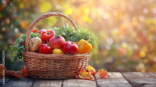 A richly colored wicker basket filled with tomatoes, bell peppers, and leafy greens set against a natural backdrop of autumn foliage in warm sunlight. photo