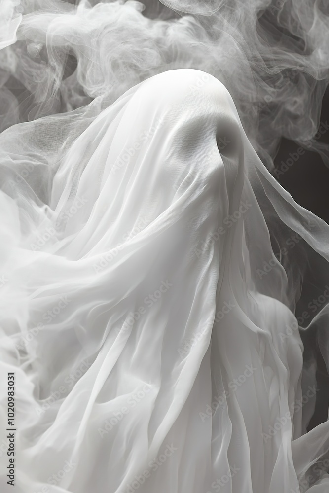 Eerie ghost shrouded in mist with flowing fabric