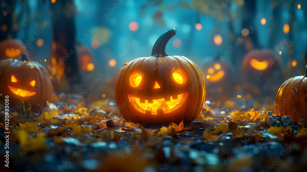 Spooky Jack-O'-Lantern in Autumn Forest 3D Illustration Spooky Jack-O'-Lantern in Autumn Forest 3D Illustration