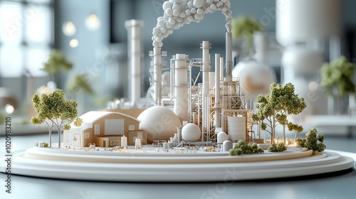 Netzero emission industrial complex, surrounded by greenery, 3D illustration