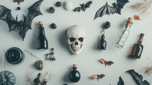 A captivating Halloween flatlay featuring spooky decorations like a skull, bats, potions, and pumpkins. Perfect for seasonal inspiration and Halloween themes. photo