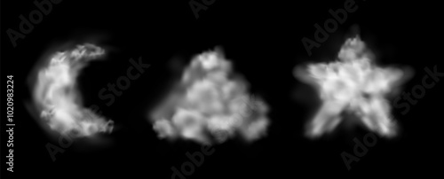 Smoky frames, isolated empty geometric shapes of triangle, star and moon figure. Vector realistic mist or vapor borders, gas or evaporating smoke. Fluffy cloud, steam vapor, clubs of haze