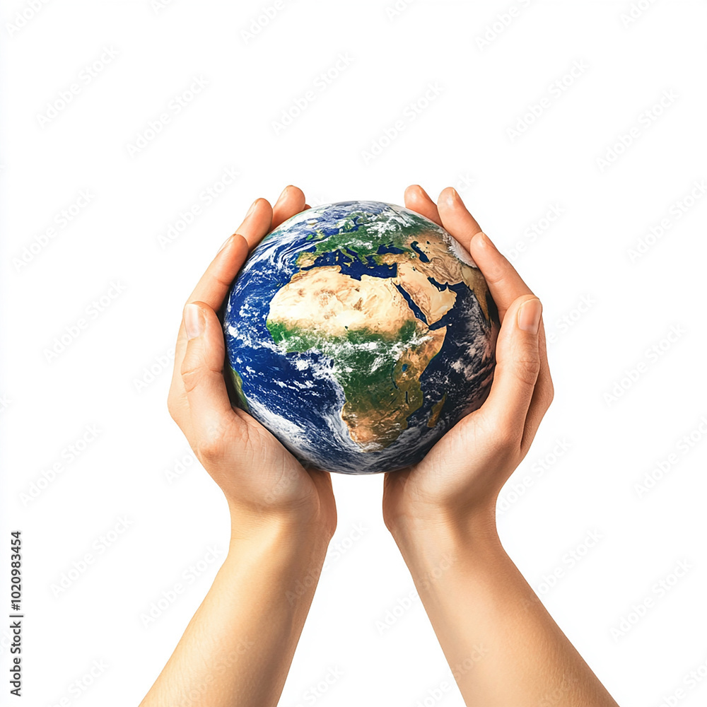 Human Hands Holding Earth: Save the Planet for Earth Day on Solid White Background Human Hands Holding Earth: Save the Planet for Earth Day on Solid White Background