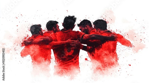 Unified Football Team Strategy Meeting in Watercolor Style with Expressive Brush Strokes and Soft Colors