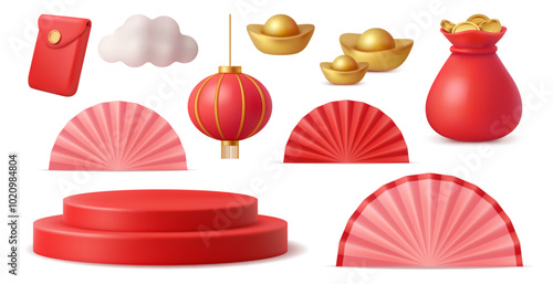 Traditional Asian items on Chinese new year festivity celebration. Vector isolated set of red folding fan, hanging lantern, gold bars, hongbao envelopes and sack with money coins for prosperity