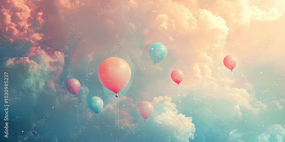 Fototapeta premium Pink and blue balloons floating in sky.